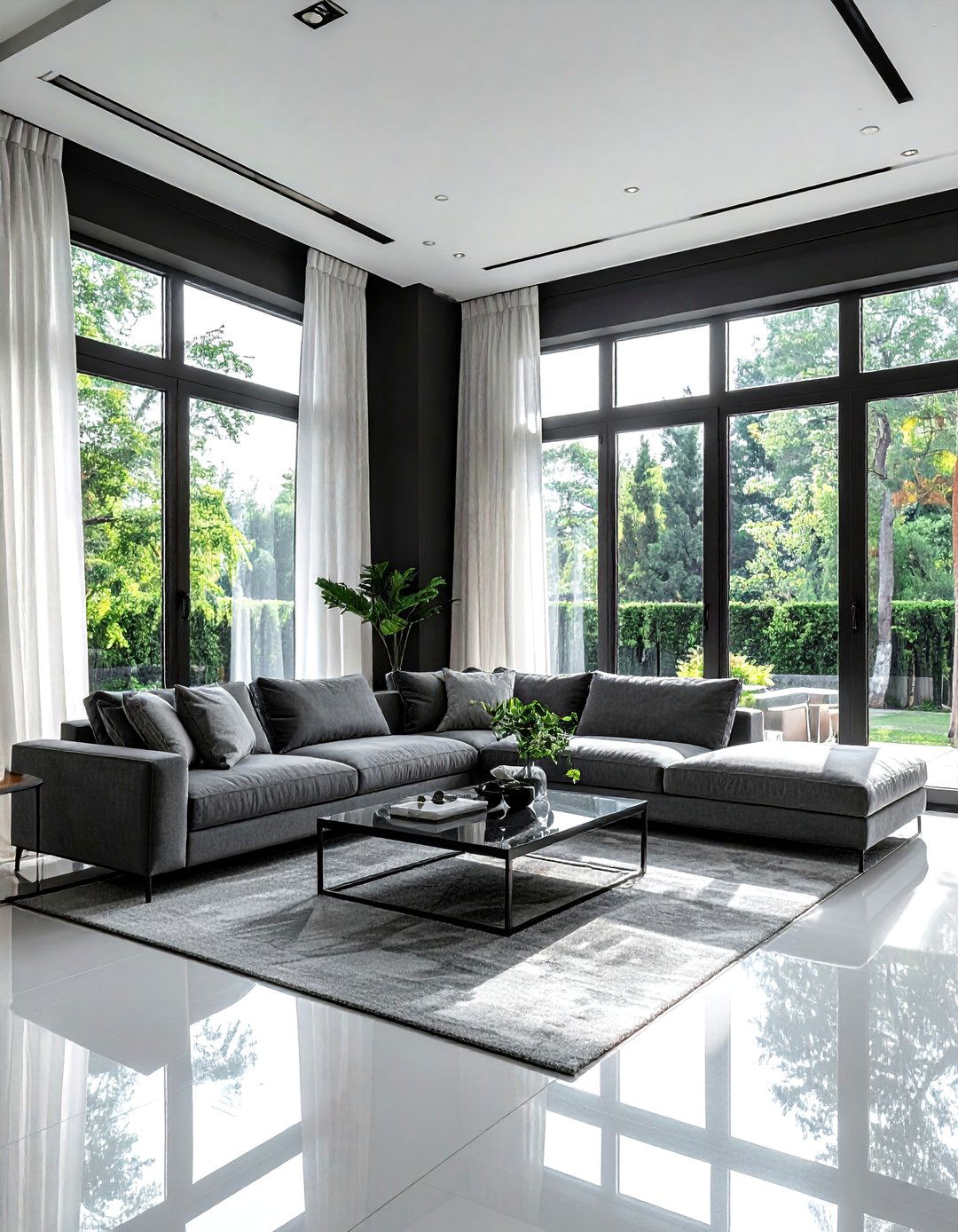 Charcoal living room with large windows - 30 modern black living room ideas