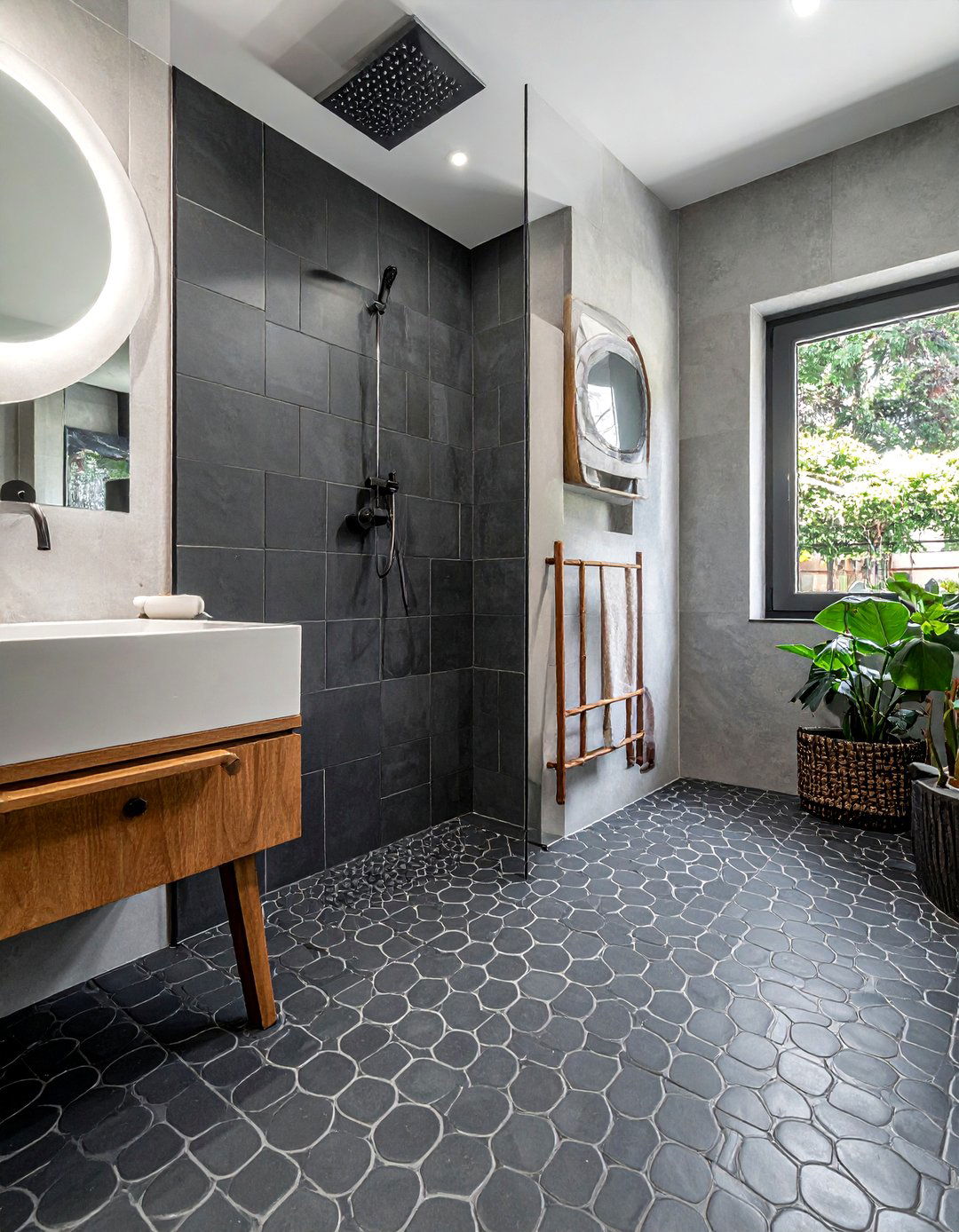 Charcoal penny tile shower - 30 charcoal bathroom ideas