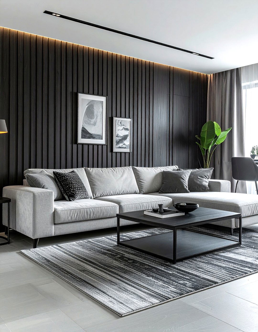 Charcoal slat wall - 30 living room paneled walls ideas