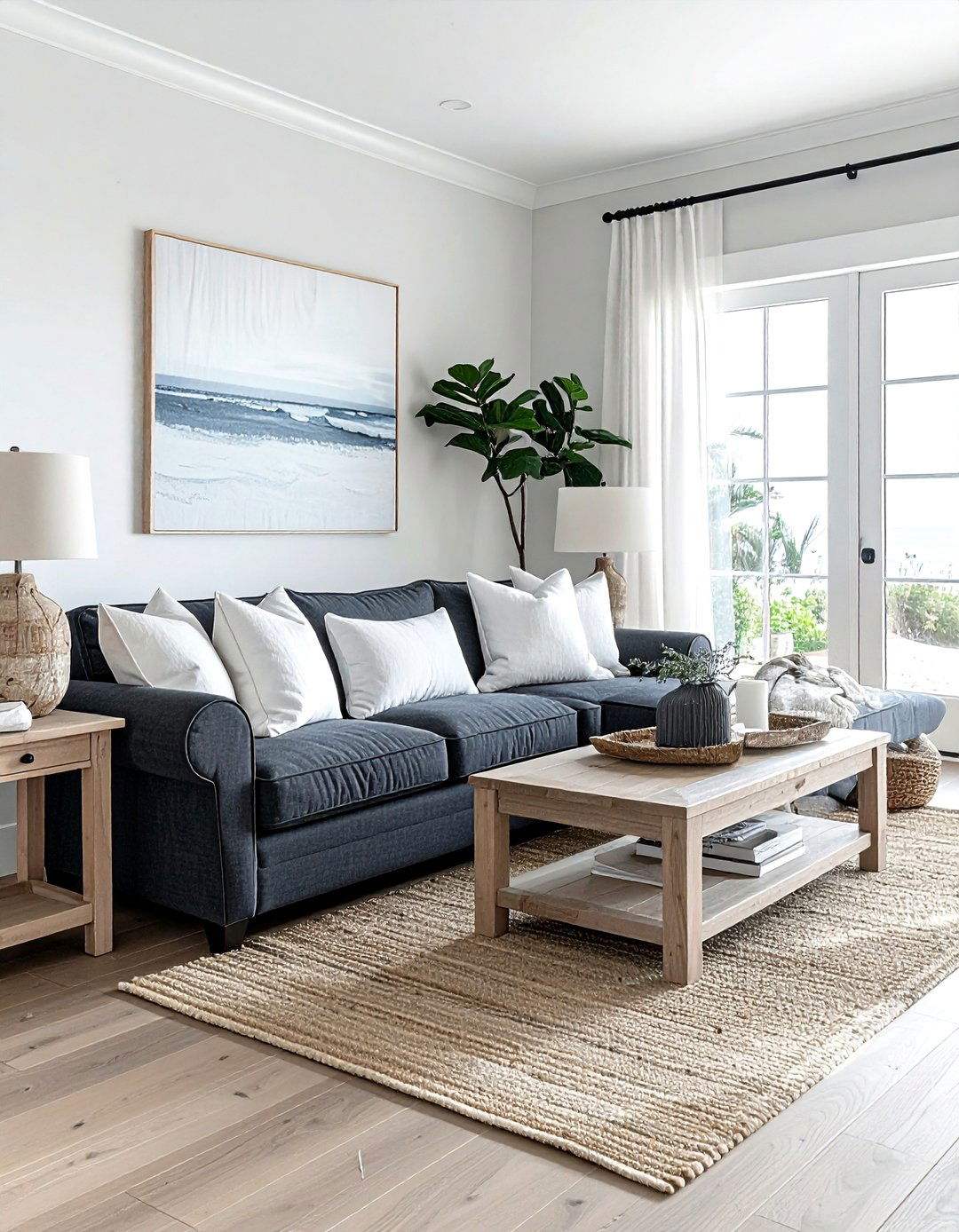 Charcoal sofa coastal living room - 30 coastal black living room ideas