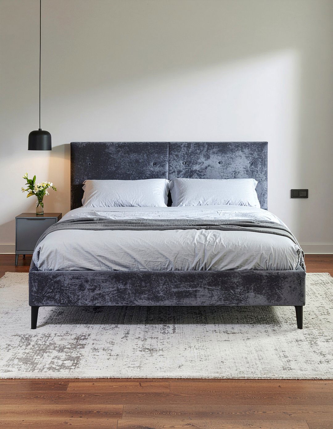 Charcoal suede bed base - 30 suede bedroom ideas