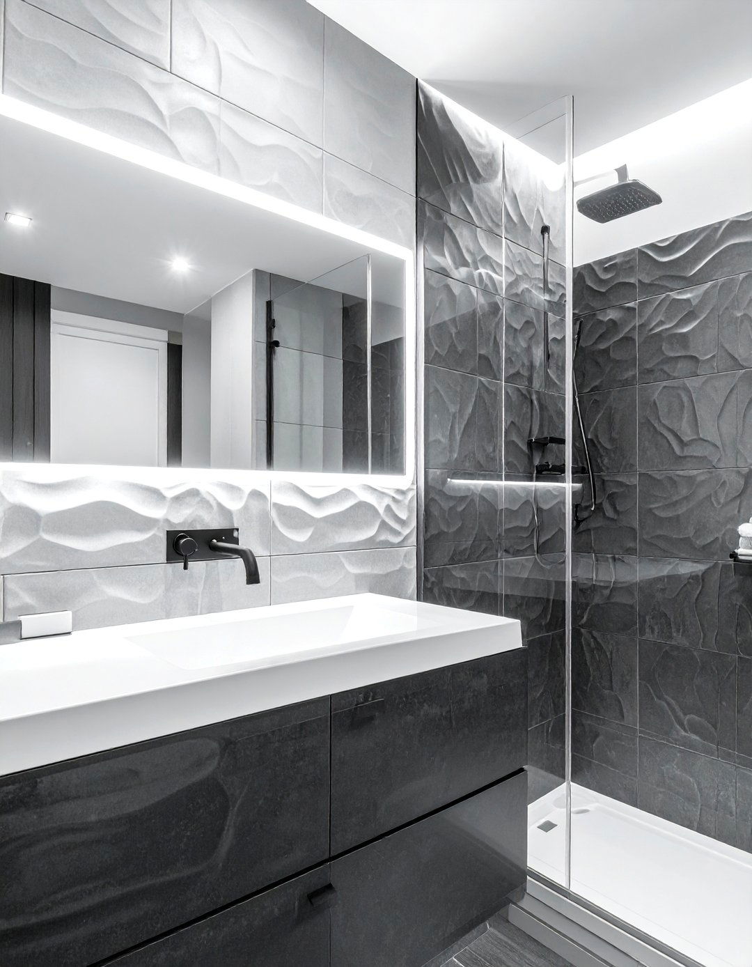 Charcoal textured tile bathroom - 30 charcoal and white bathroom ideas