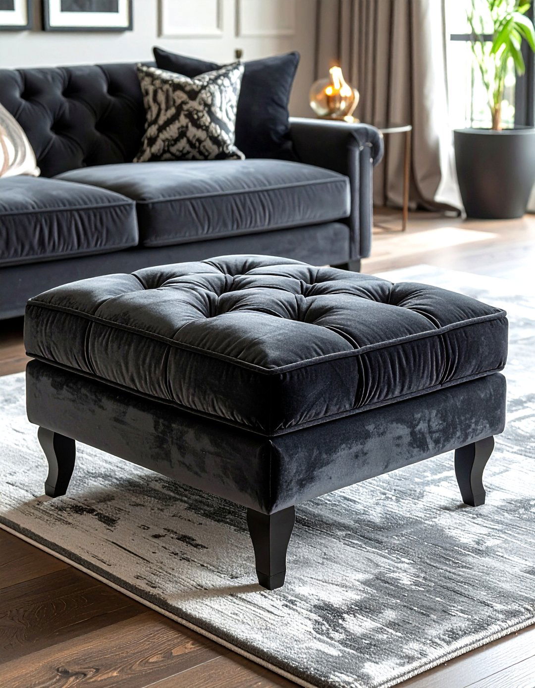 Charcoal velvet ottoman - 30 grey living room accessories ideas
