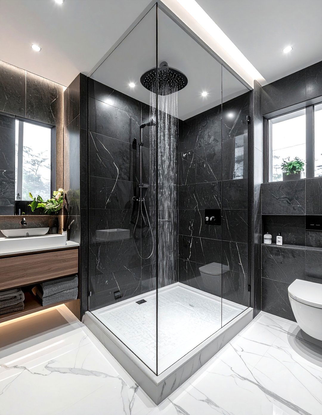 Charcoal walk in shower - 30 charcoal and white bathroom ideas