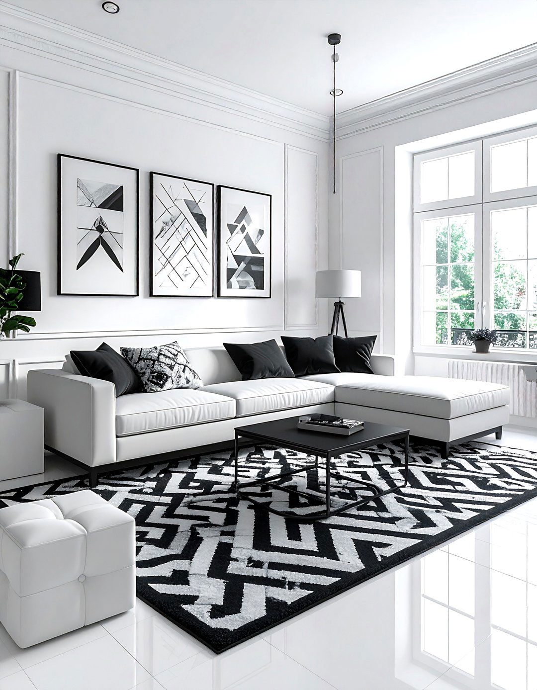 Charcoal white geometric living room - 30 charcoal and white living room ideas