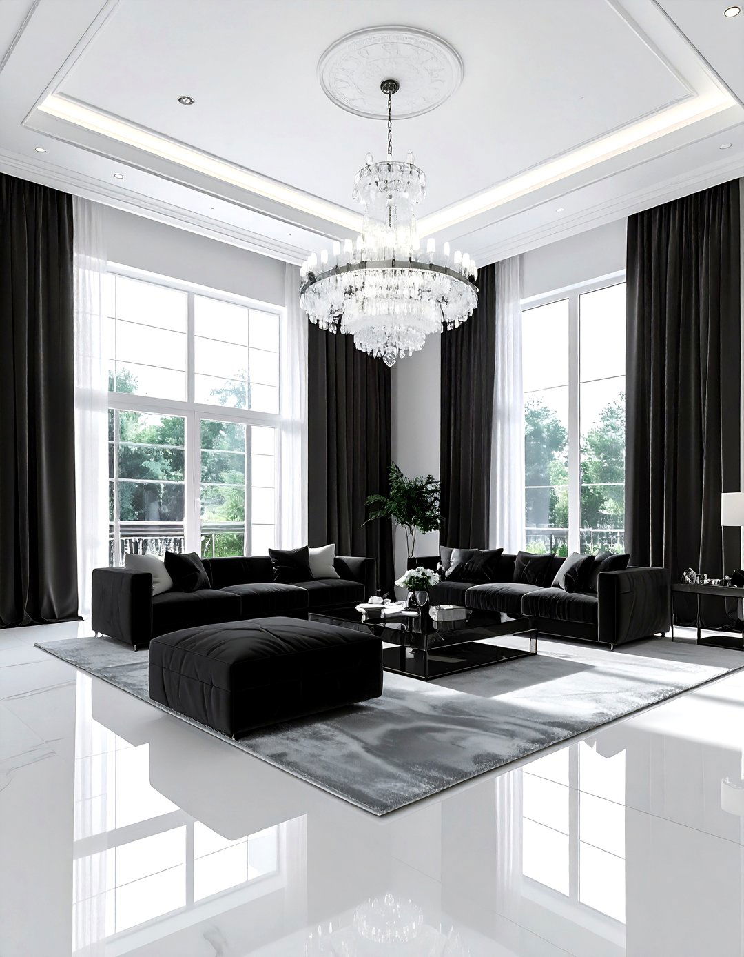 Charcoal white high ceiling living room - 30 charcoal and white living room ideas