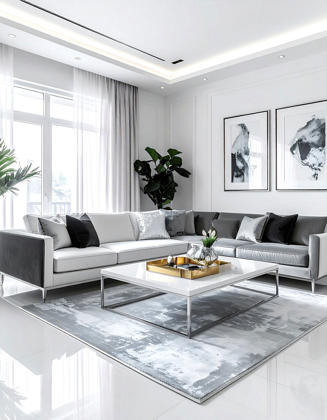 Charcoal white metallic living room - 30 charcoal and white living room ideas