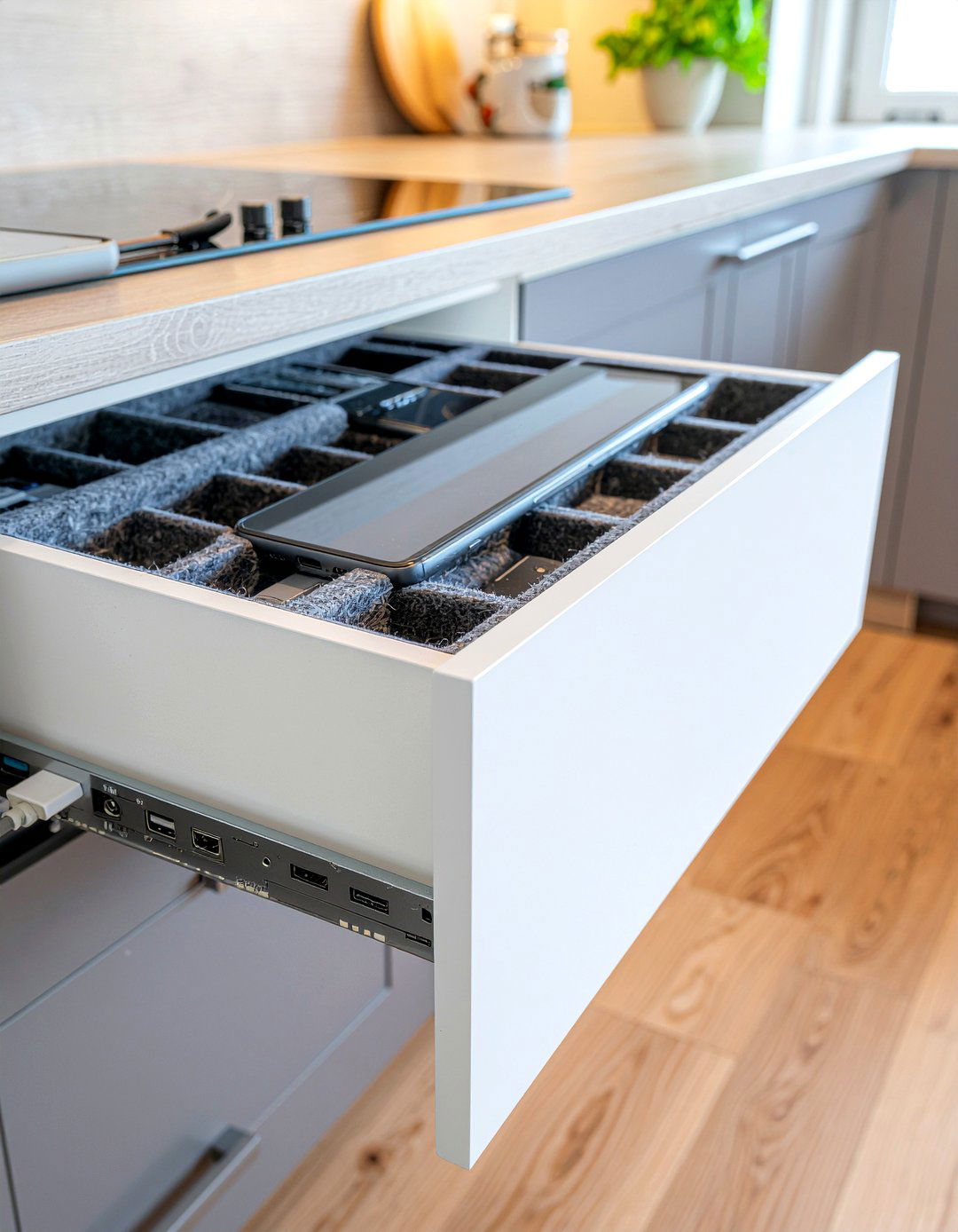 Charging Station Drawer - 30 kitchen drop zone ideas