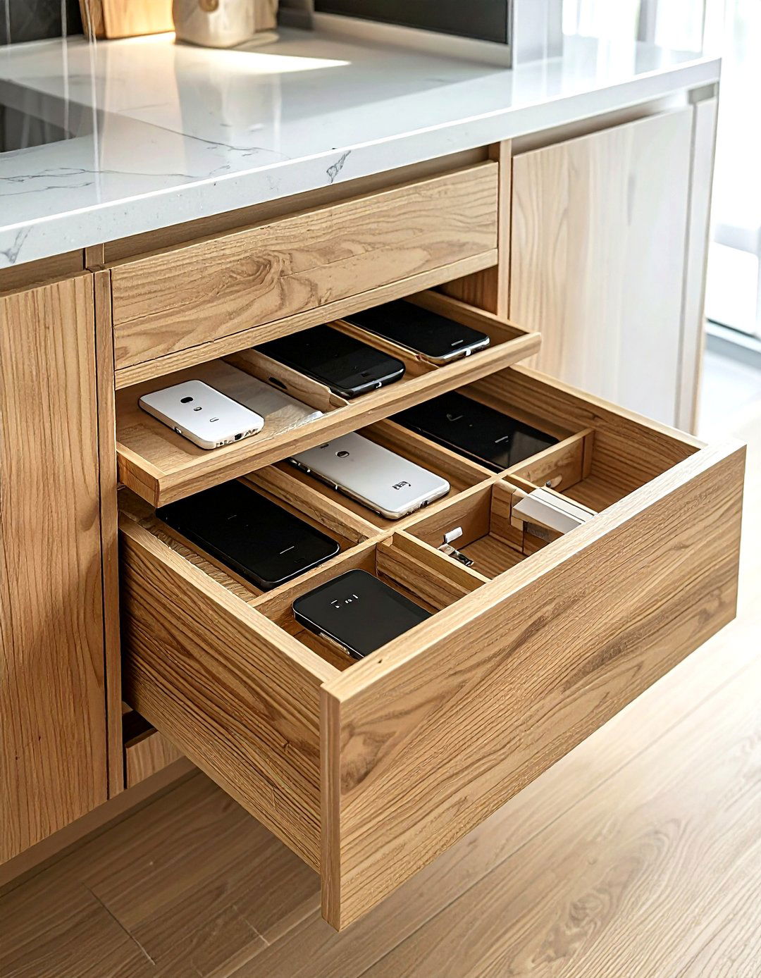 Charging station drawer - 30 kitchen cabinet storage ideas