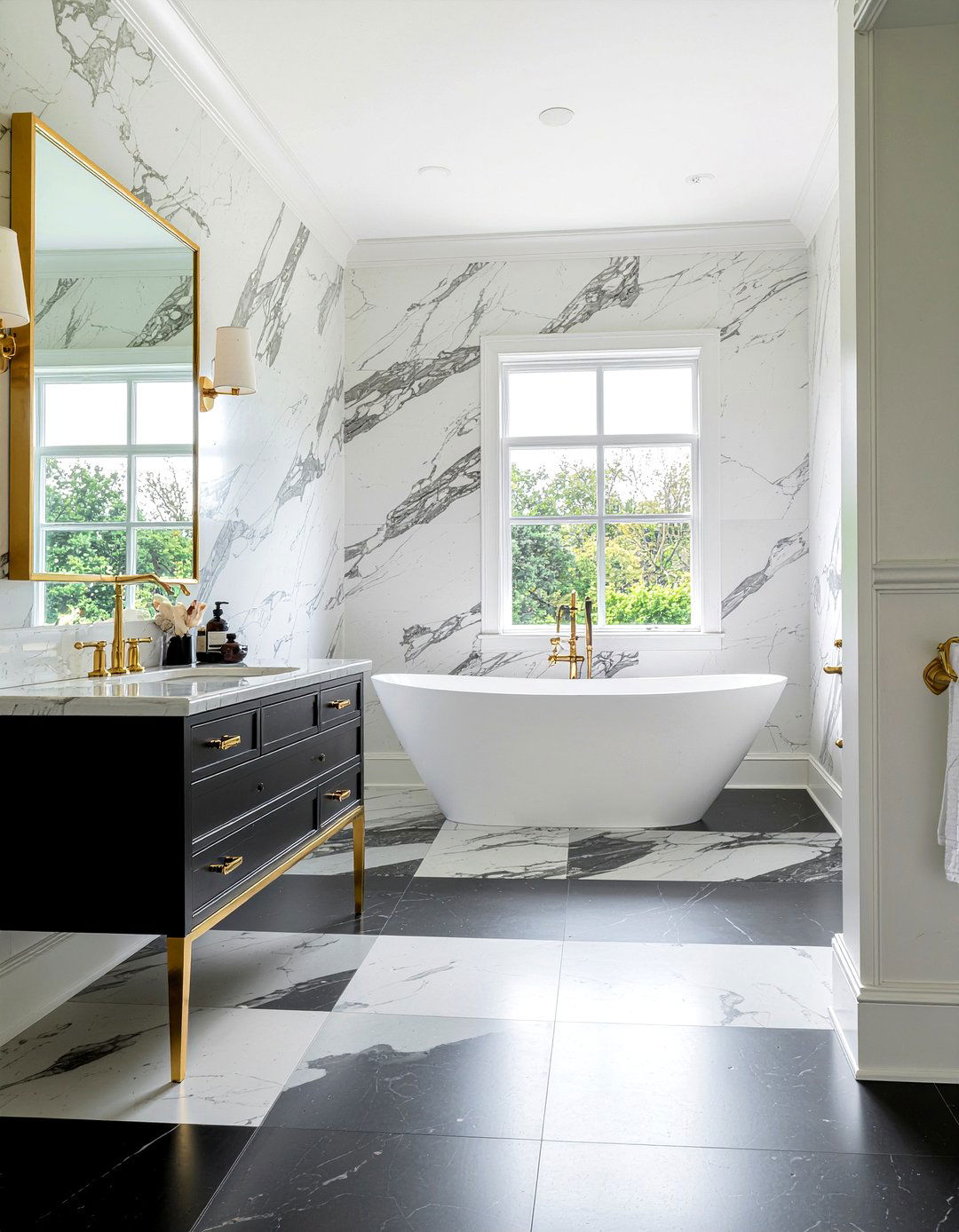 Checkerboard floor and marble wall - 30 bathroom pattern mixing ideas