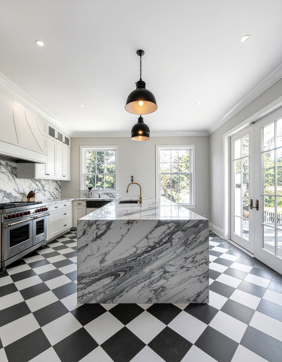 Checkerboard floor with marble island - 30 checkered floor kitchen ideas