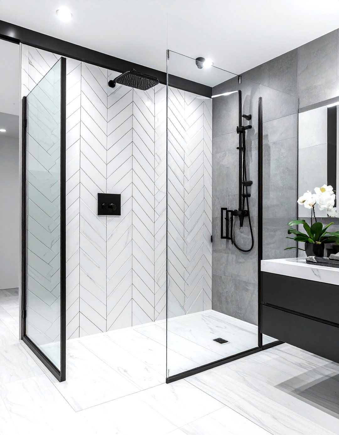 Chevron Glass Tile Shower Design - 30 glass tile bathroom ideas