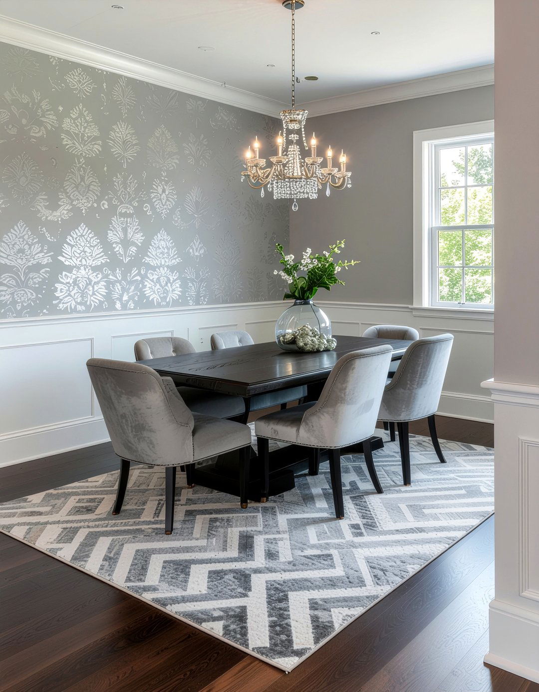 Chevron Rug And Damask Wallpaper - 30 dining room pattern mixing ideas