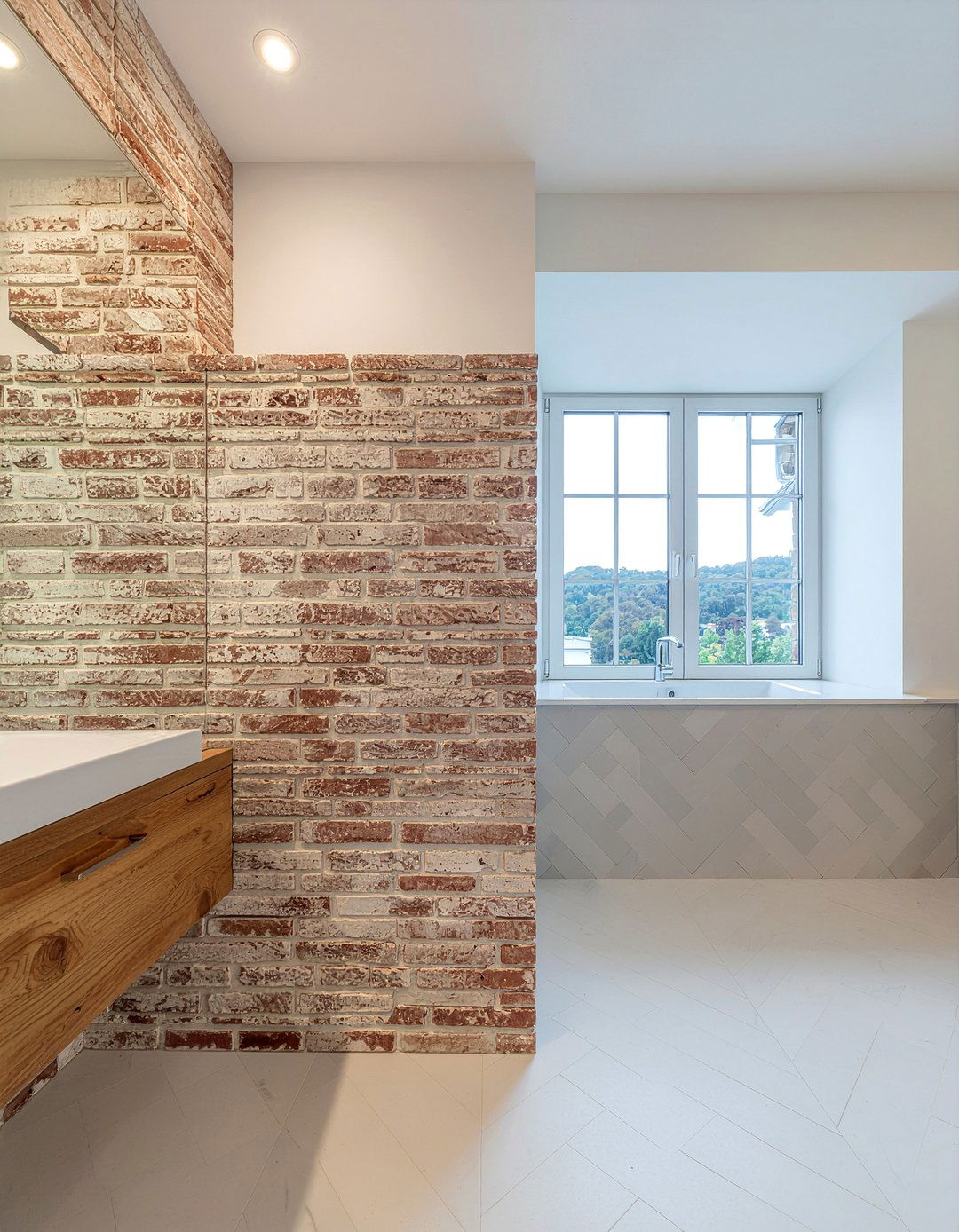 Chevron and brick tile - 30 mixed tile bathroom ideas