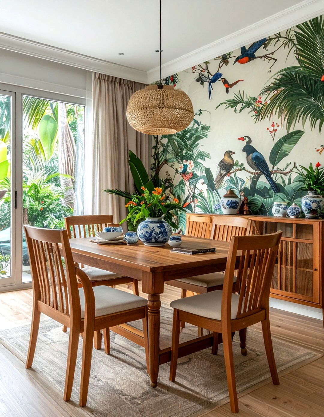 Chinoiserie wallpaper with bird patterns - 30 chinoiserie wallpaper dining room ideas
