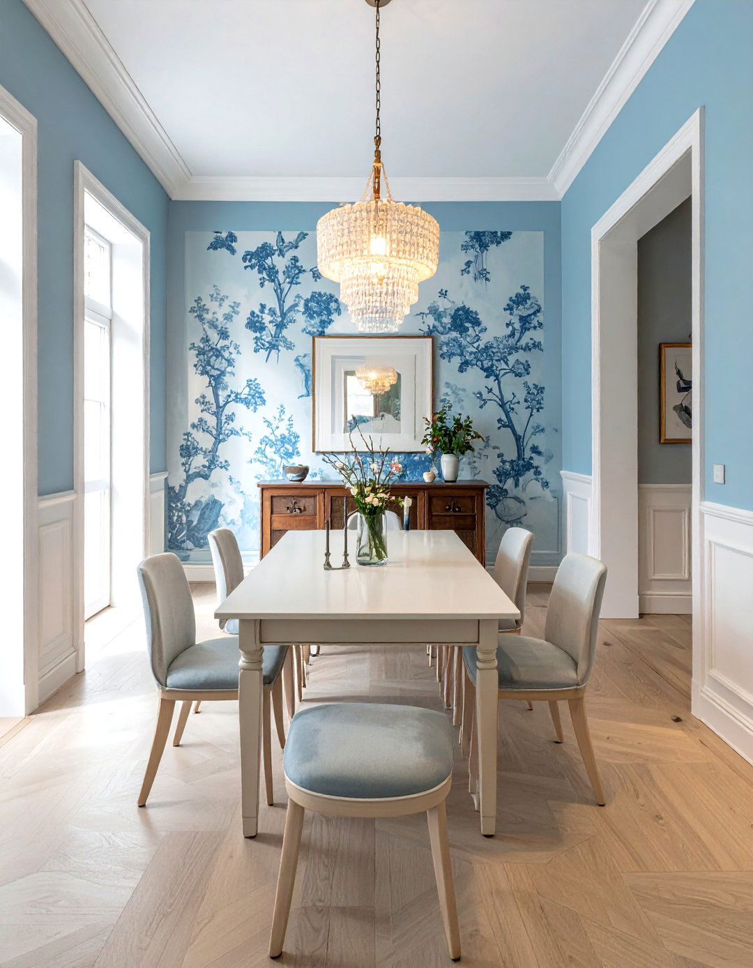 Chinoiserie wallpaper with colorful ceiling - 30 chinoiserie wallpaper dining room ideas