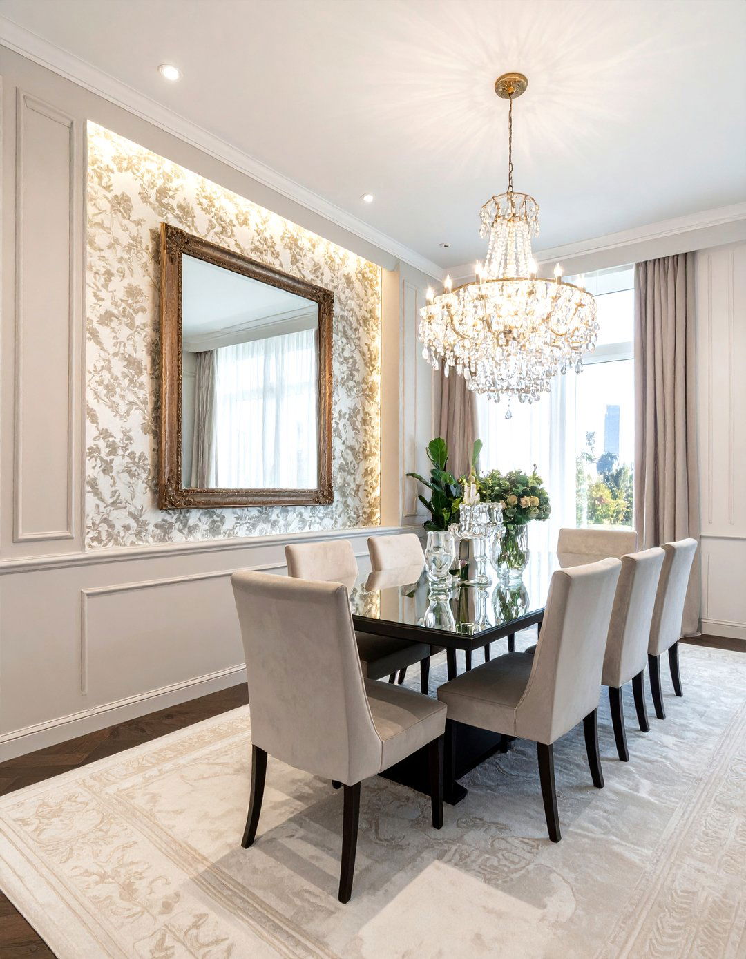 Chinoiserie wallpaper with crystal chandelier - 30 chinoiserie wallpaper dining room ideas