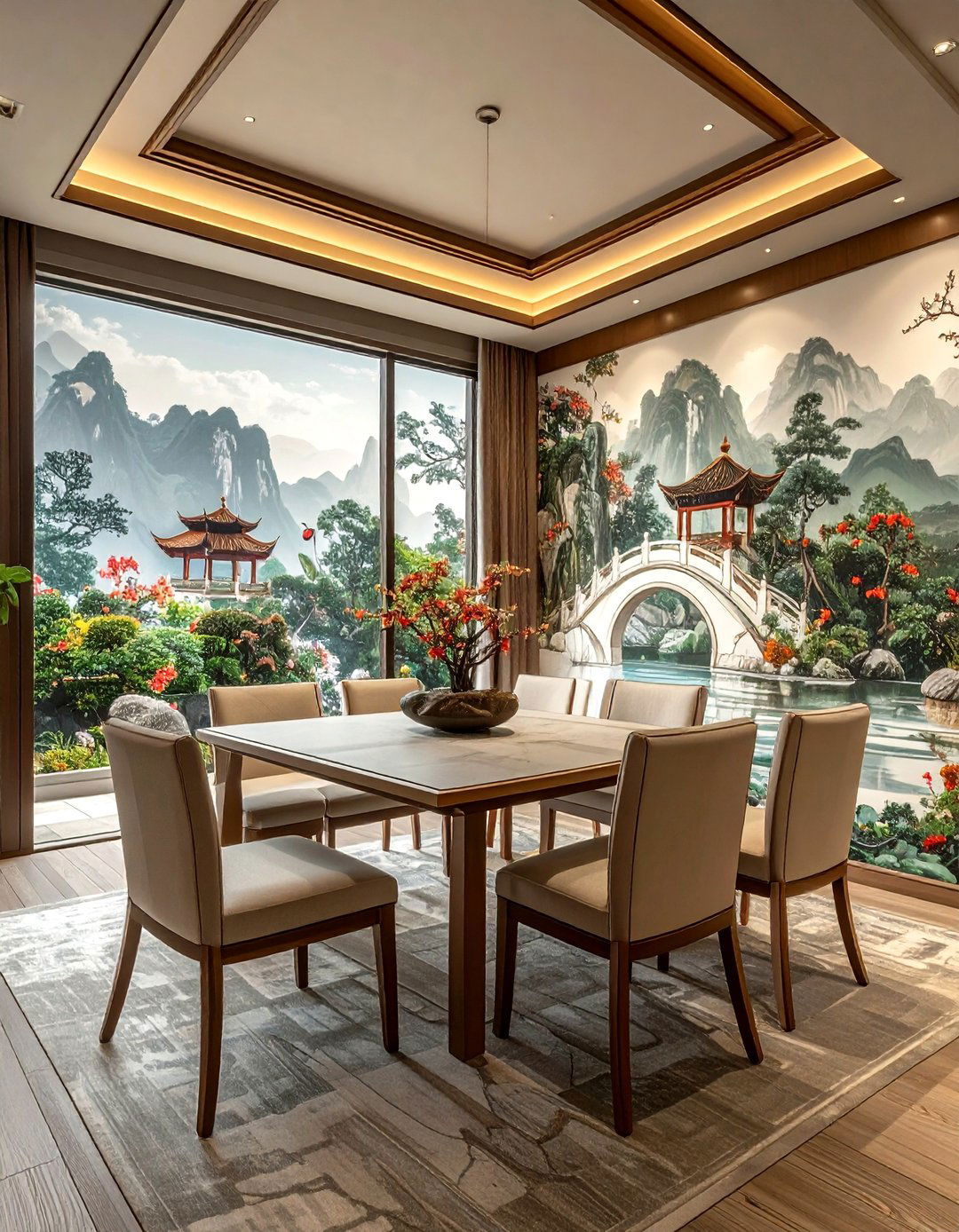Chinoiserie wallpaper with garden scenes - 30 chinoiserie wallpaper dining room ideas