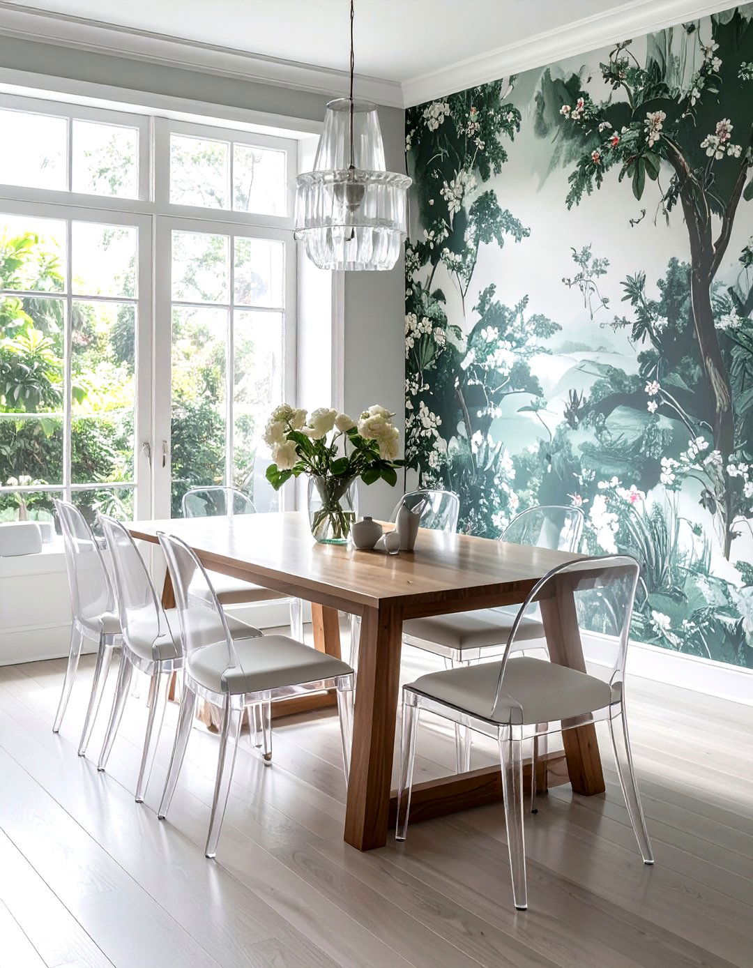 Chinoiserie wallpaper with ghost chairs - 30 chinoiserie wallpaper dining room ideas