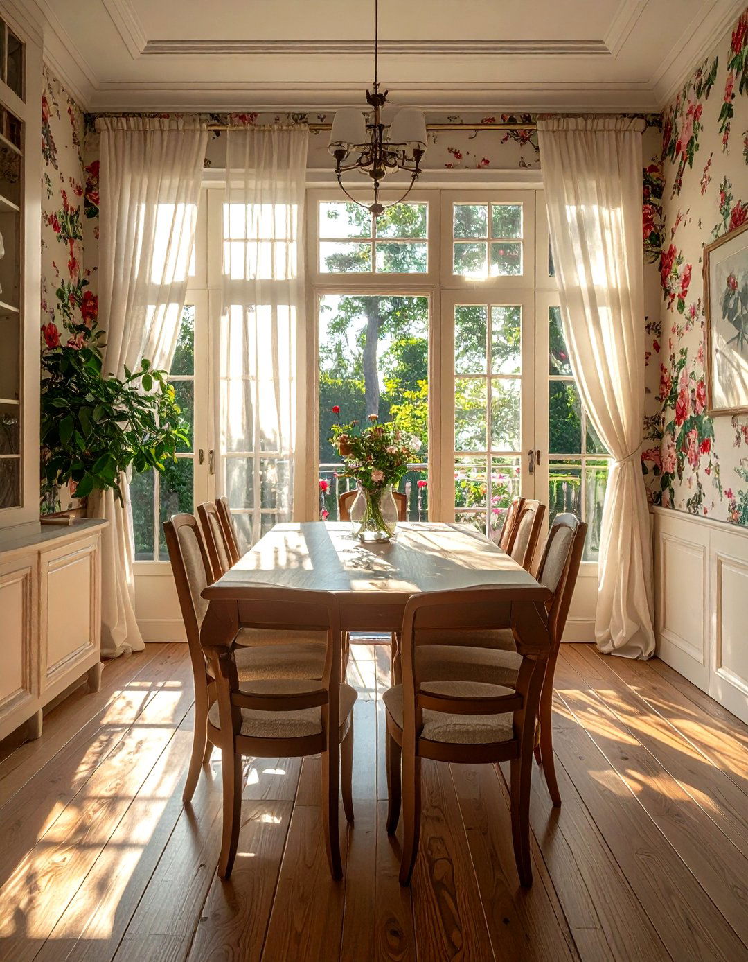 Chinoiserie wallpaper with large windows - 30 chinoiserie wallpaper dining room ideas