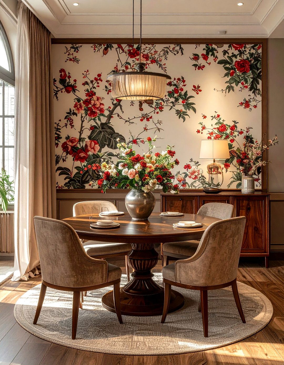 Chinoiserie wallpaper with round dining table - 30 chinoiserie wallpaper dining room ideas