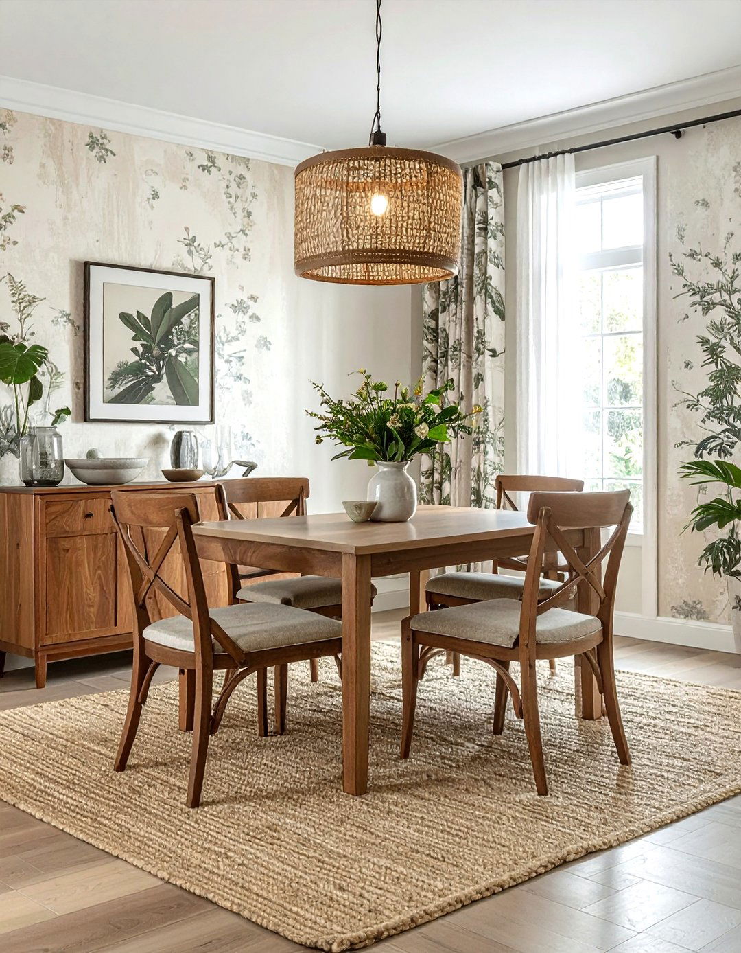Chinoiserie wallpaper with textured rug - 30 chinoiserie wallpaper dining room ideas