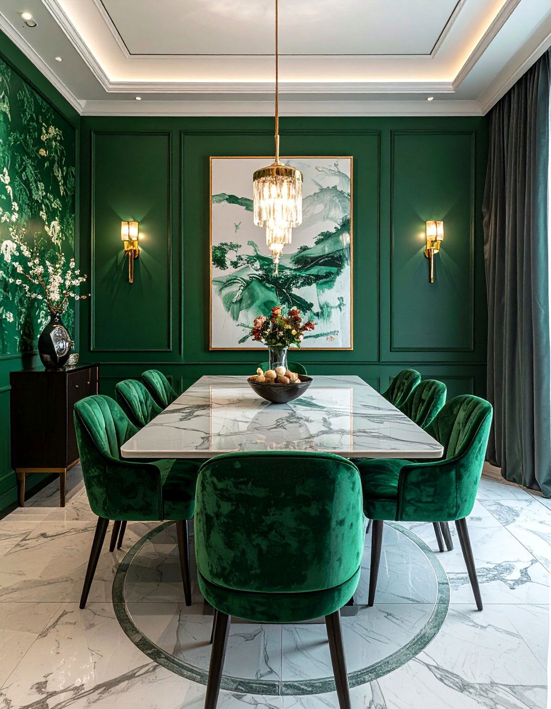 Chinoiserie wallpaper with velvet chairs - 30 chinoiserie wallpaper dining room ideas