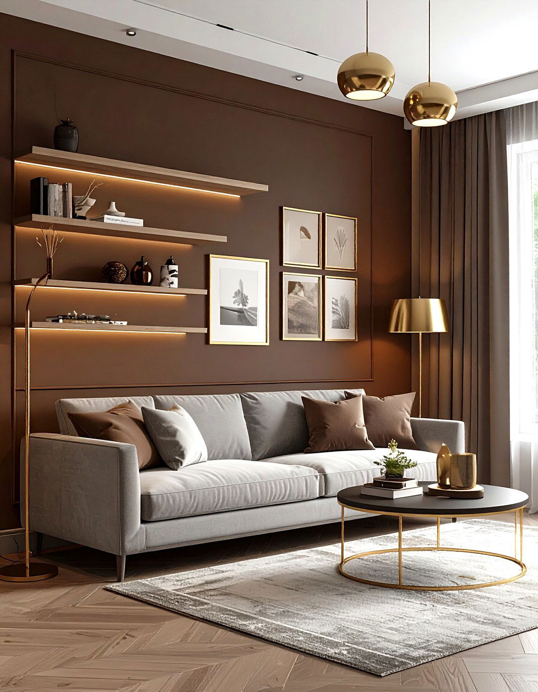 Chocolate brown accent wall - 30 brown living room ideas