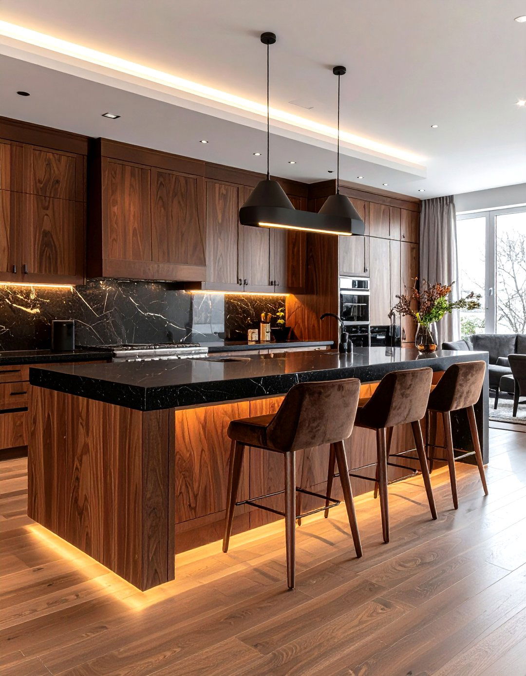 Chocolate brown velvet stools in wood kitchen - 30 velvet kitchen ideas