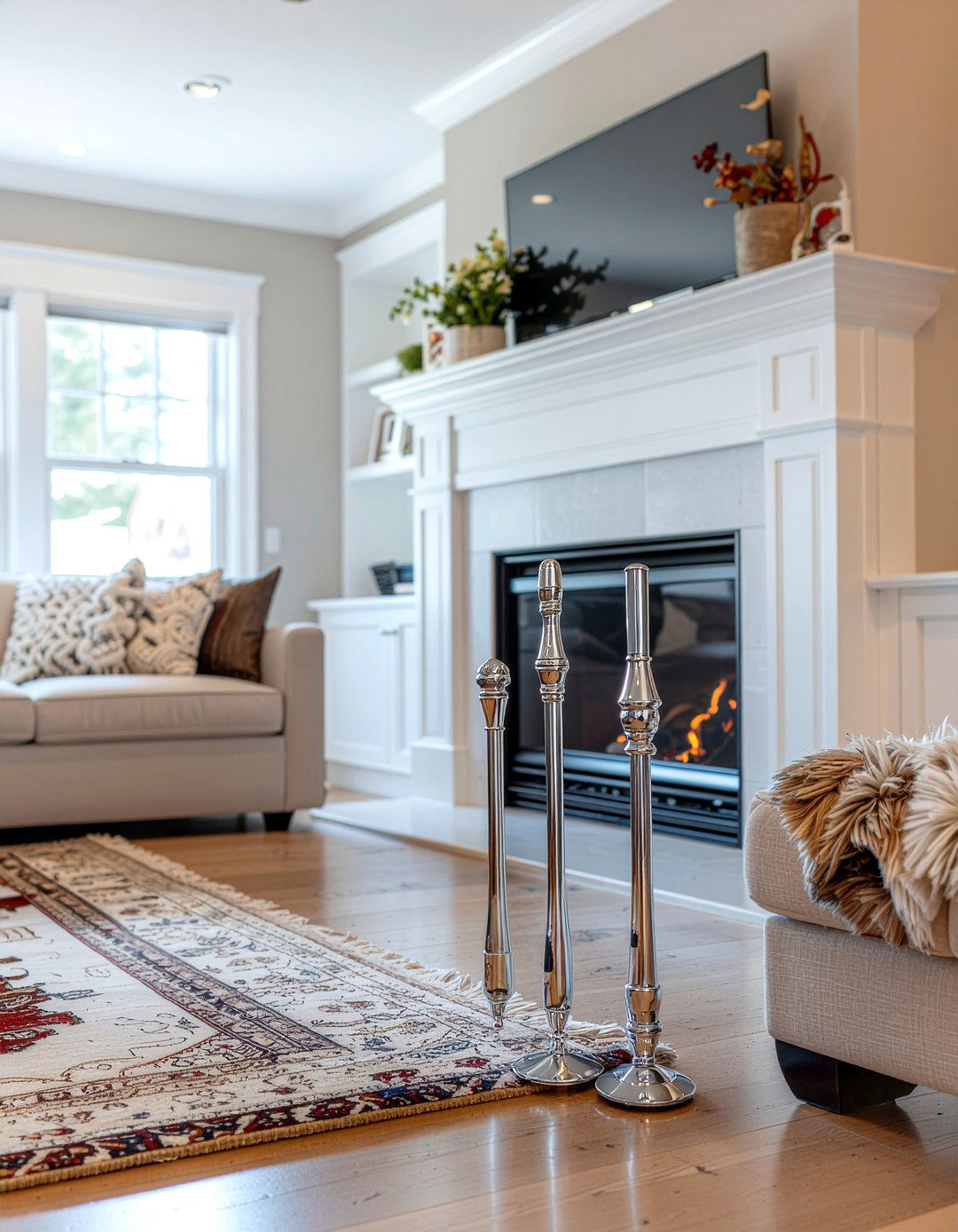 Chrome fireplace tool - 30 chrome accent living room ideas