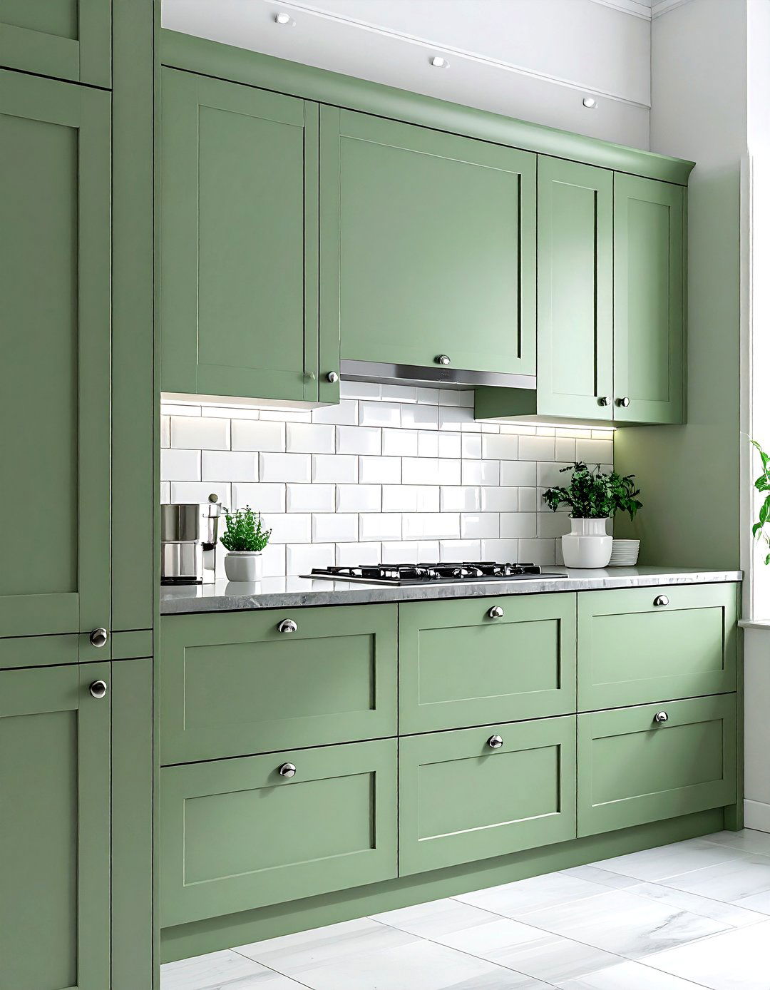 Chrome hardware on green cabinets - 30 chrome kitchen ideas