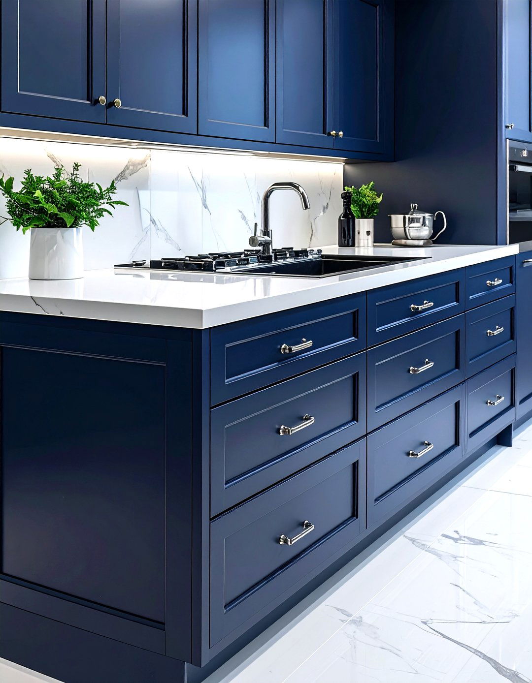 Chrome hardware on navy cabinets - 30 chrome kitchen ideas