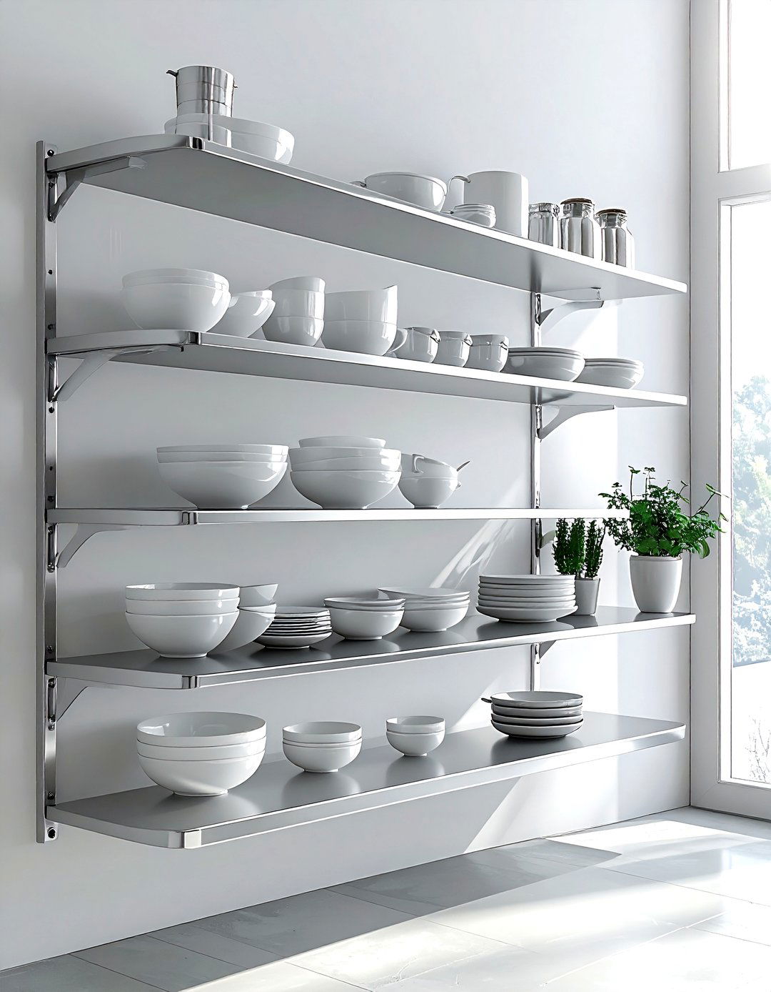 Chrome open shelving - 30 chrome kitchen ideas