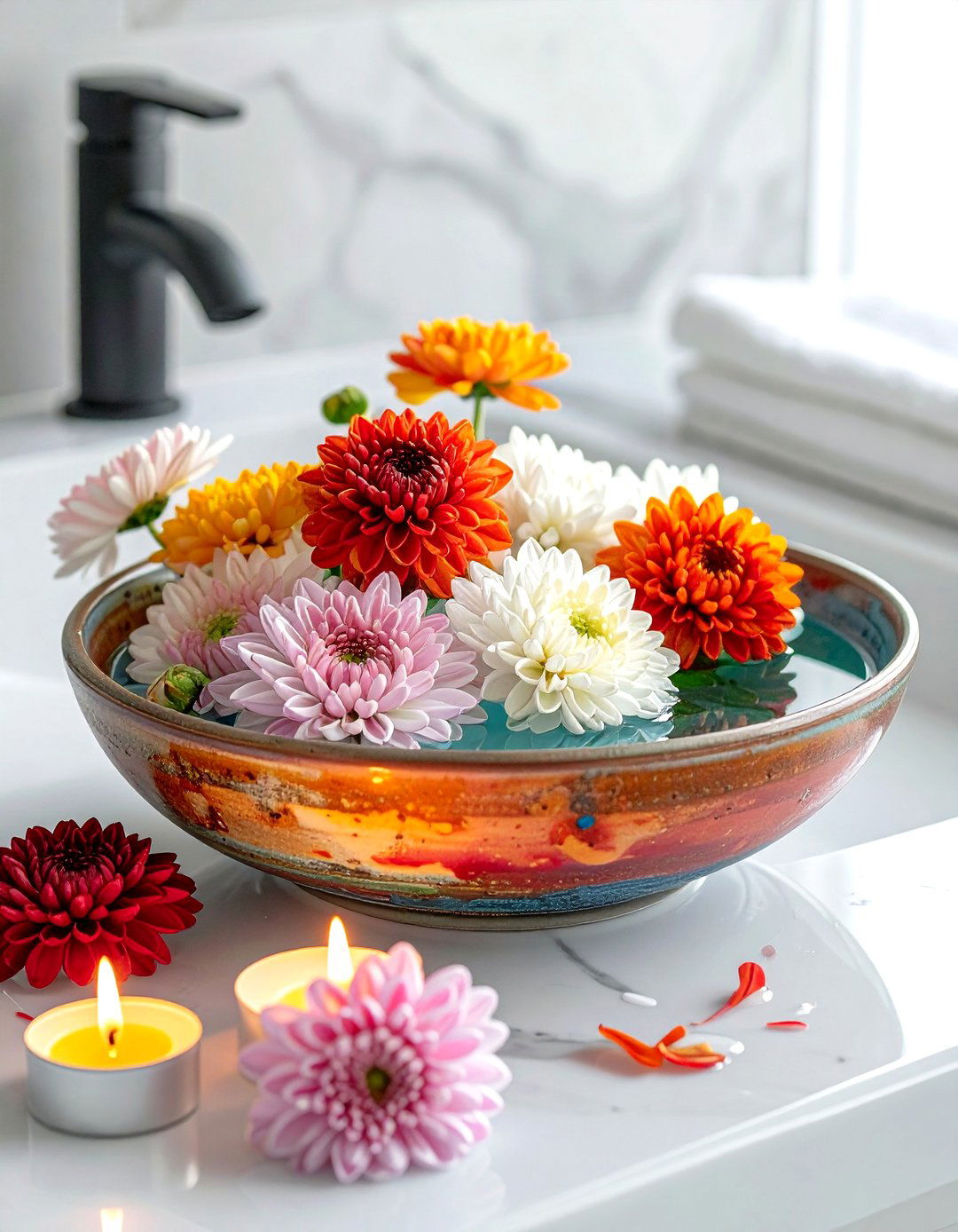 Chrysanthemums In Colorful Ceramic Bowl - 30 bathroom flower arrangement ideas