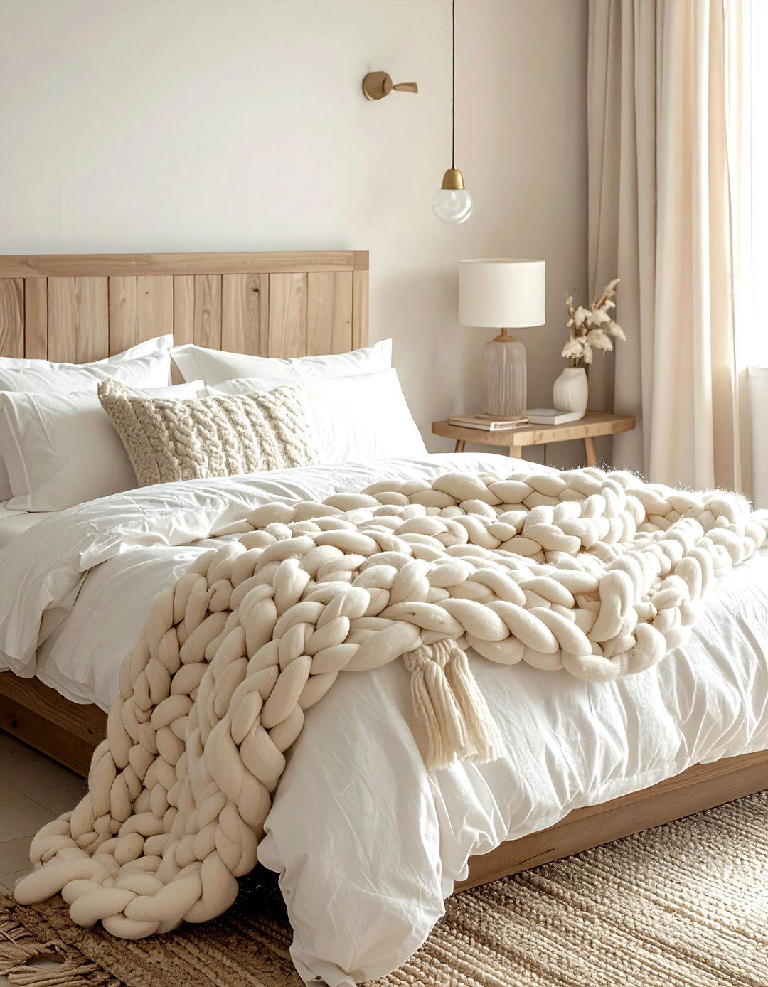 Chunky Knit Blanket - 30 bohemian beige bedroom ideas