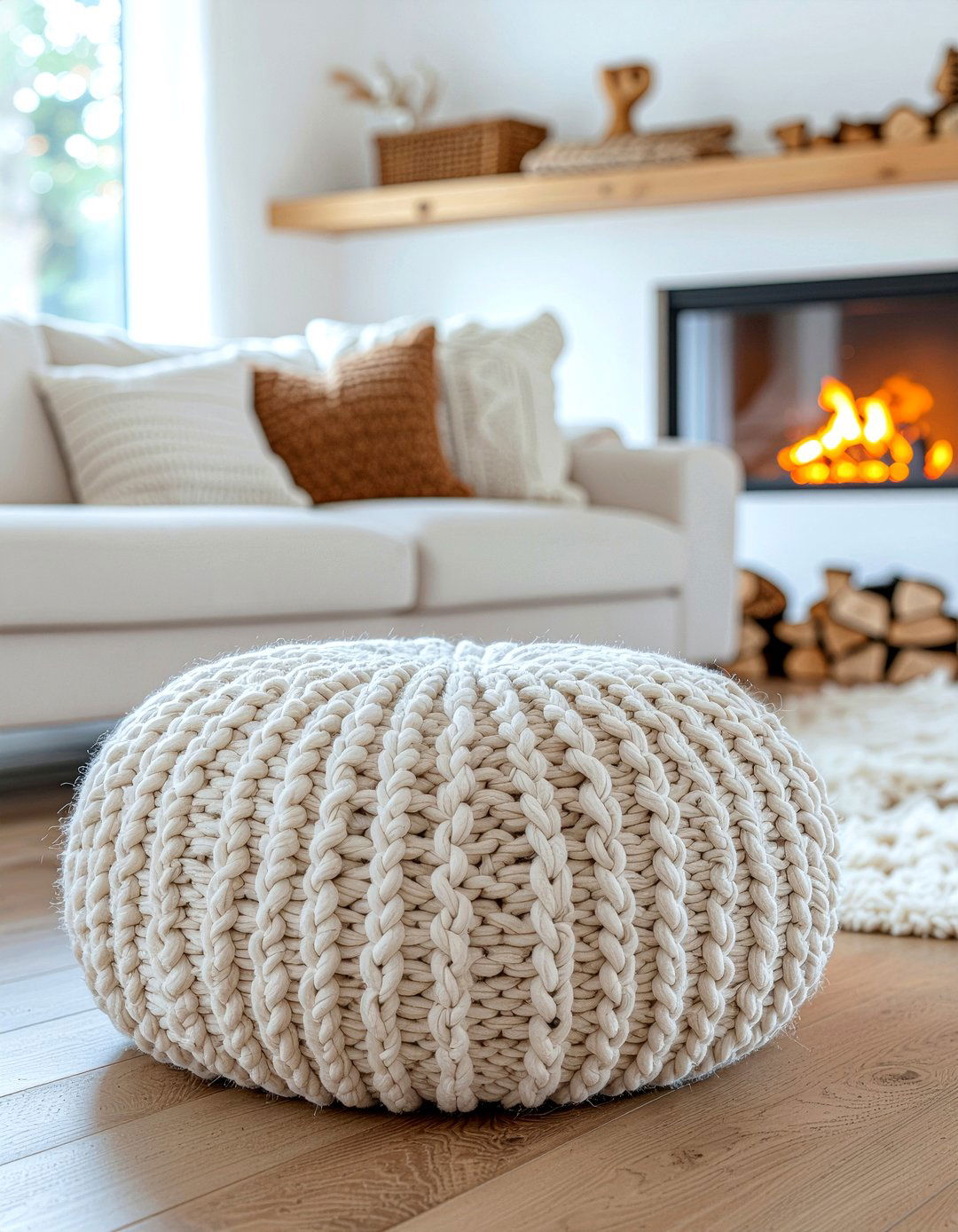 Chunky Knit Floor Pouf - 30 living room pouf ideas