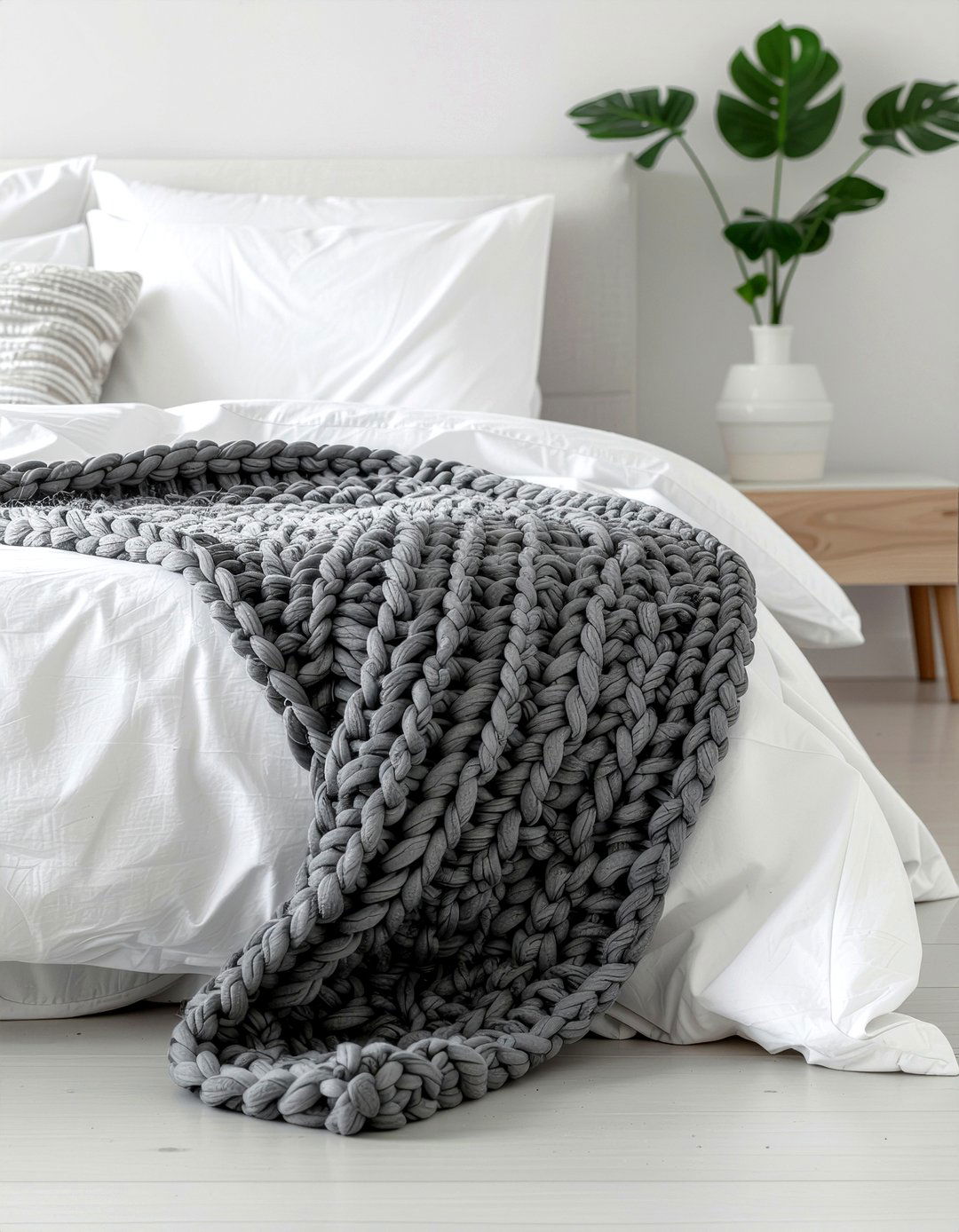 Chunky knit throw blanket - 30 bedroom texture layering ideas