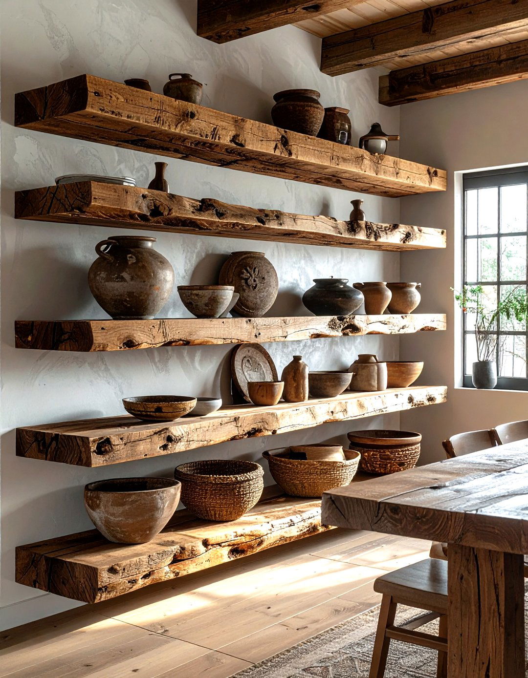 Chunky timber shelf - 30 dining room wall shelving ideas