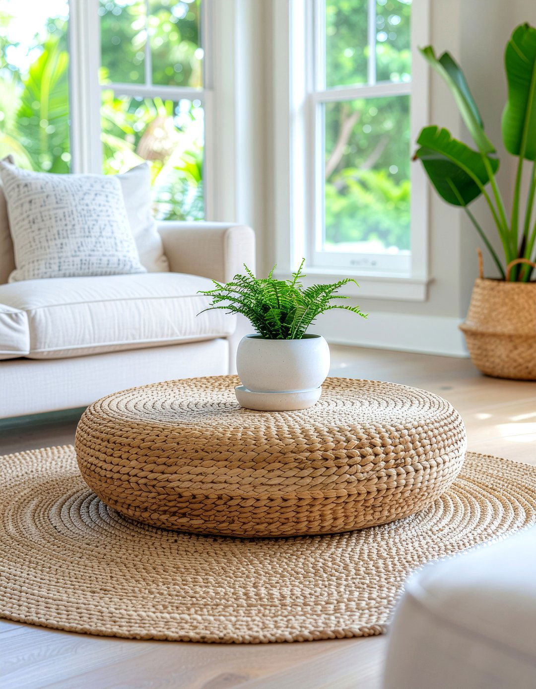 Circular Woven Coffee Table - 30 living room coastal furniture ideas