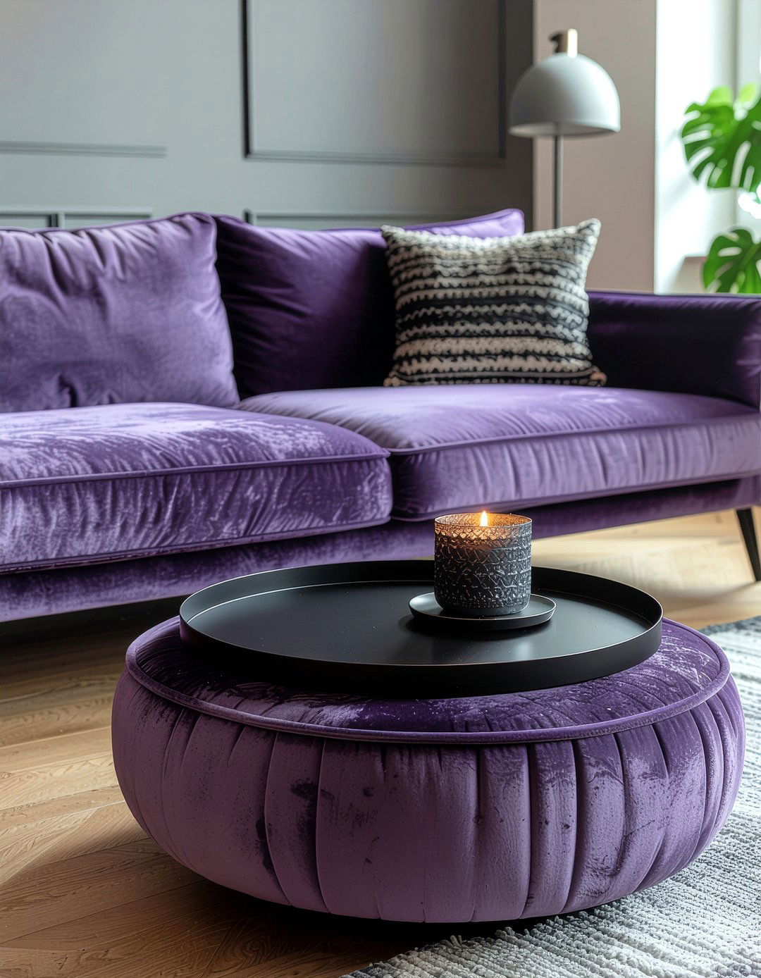 Circular metal tray on velvet ottoman - 30 living room tray ottoman ideas