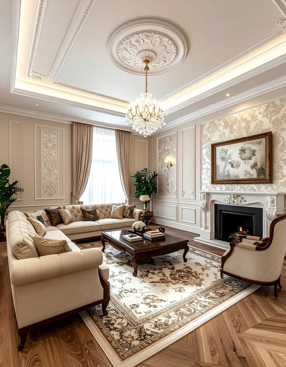 Classic Damask Ceiling - 30 living room wallpapered ceiling ideas