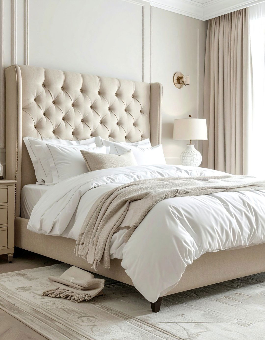 Classic Tufted Headboard Bedroom - 30 traditional beige bedroom ideas