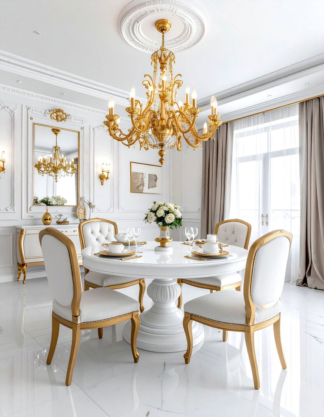 Classic white gold dining area - 30 gold and white dining room ideas