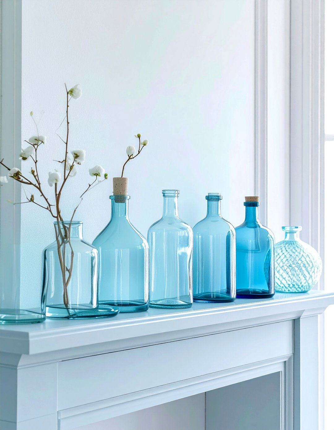 Clear Glass Bottles - 30 minimalist mantel ideas