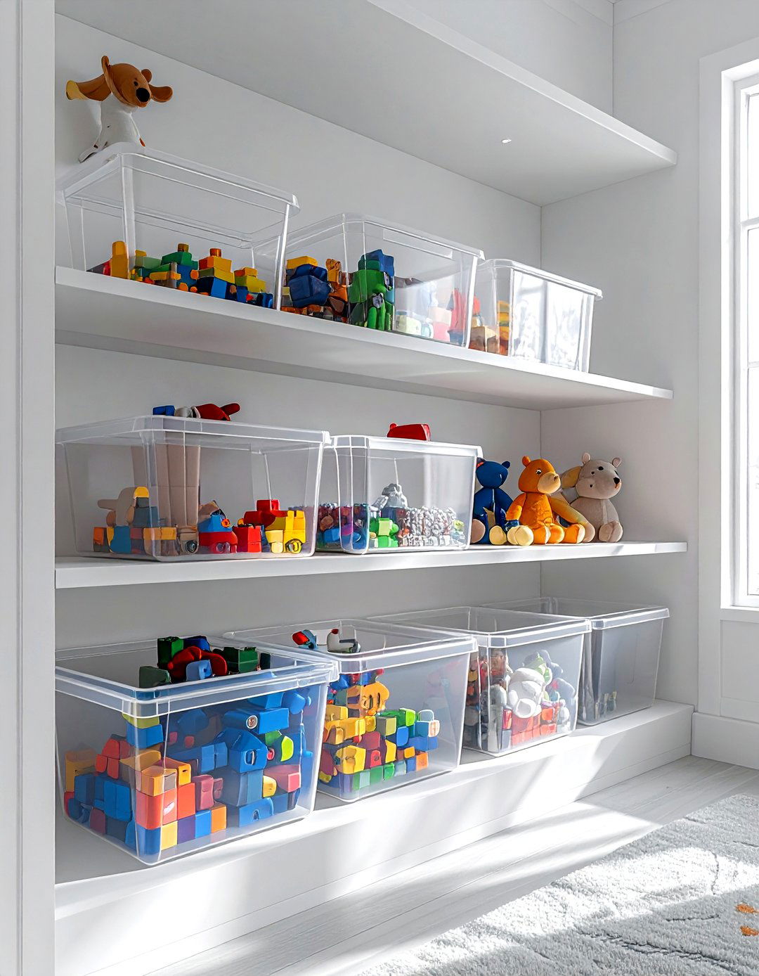Clear Plastic Bins - 30 playroom organization ideas