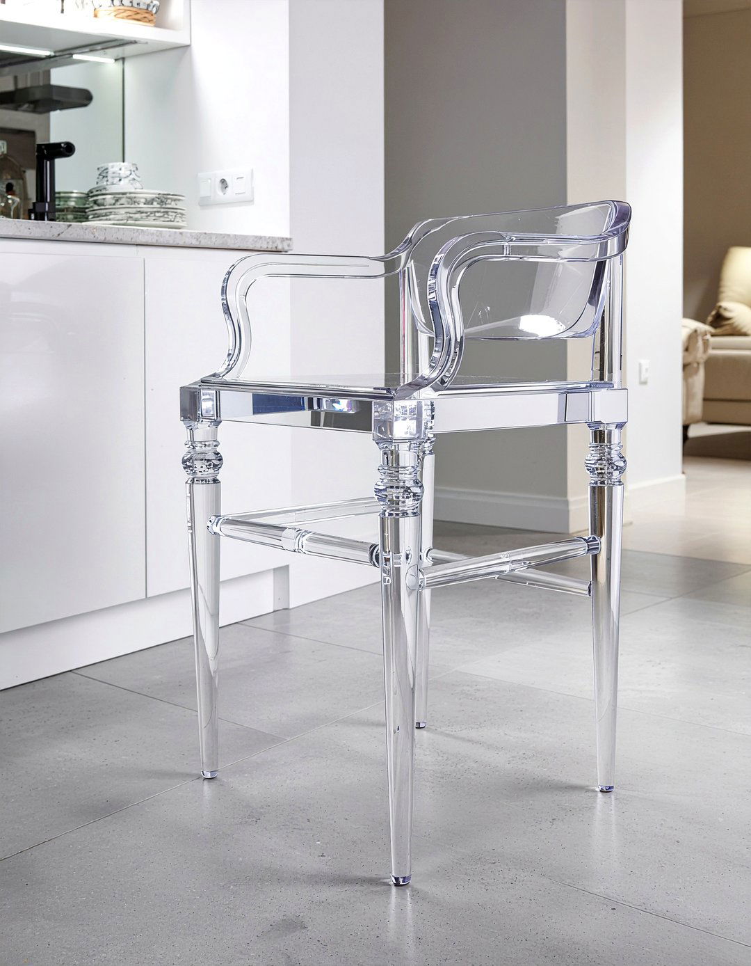 Clear acrylic ghost stool - 30 kitchen bar stool ideas