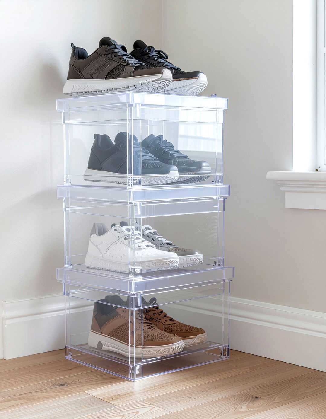 Clear acrylic shoe boxes - 30 entryway shoe storage ideas