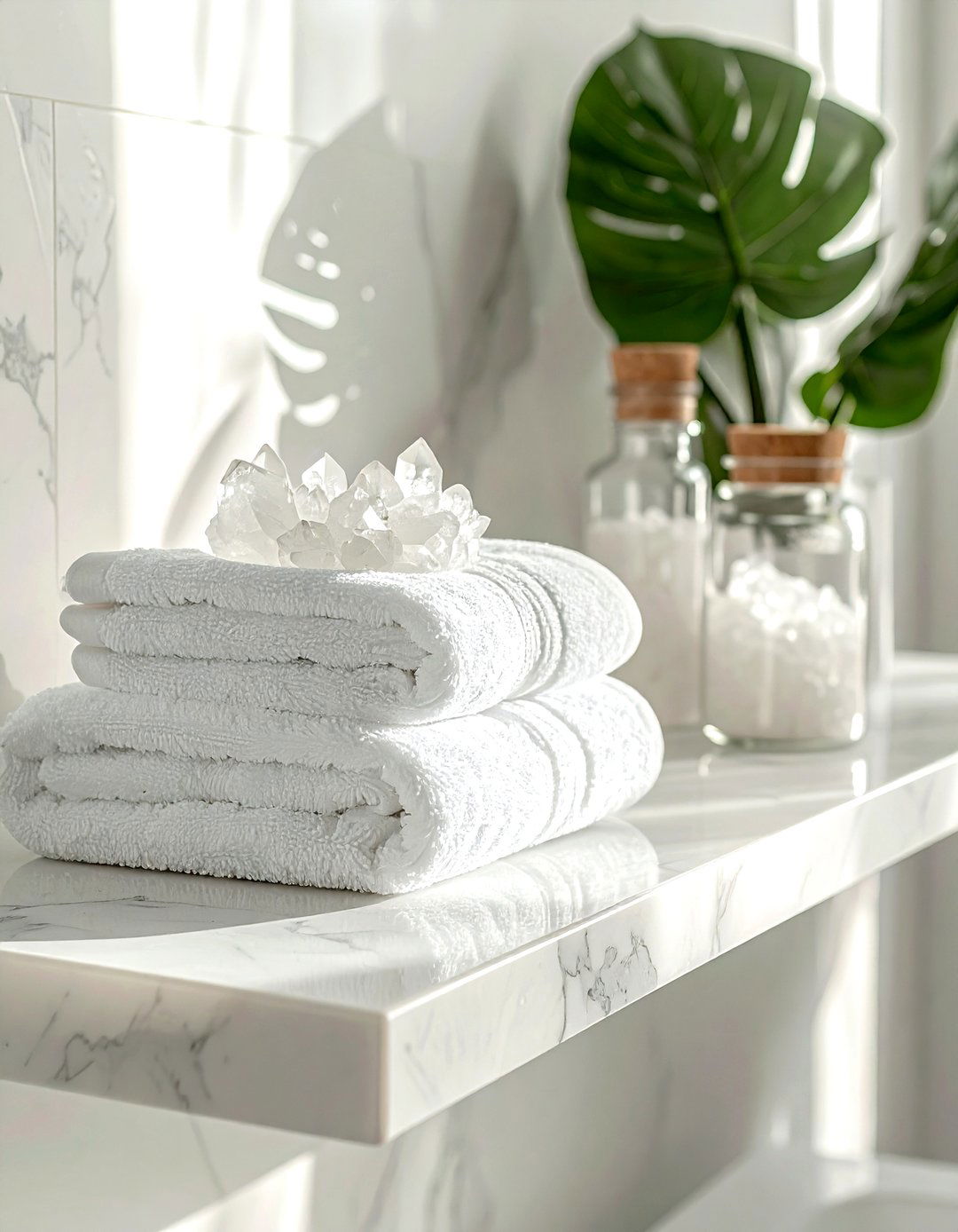 Clear quartz bathroom shelf - 30 crystal decor ideas