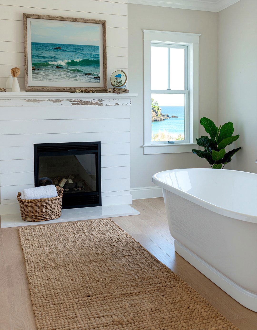 Coastal Bathroom Decor With Shiplap Fireplace - 30 freestanding tub with fireplace ideas