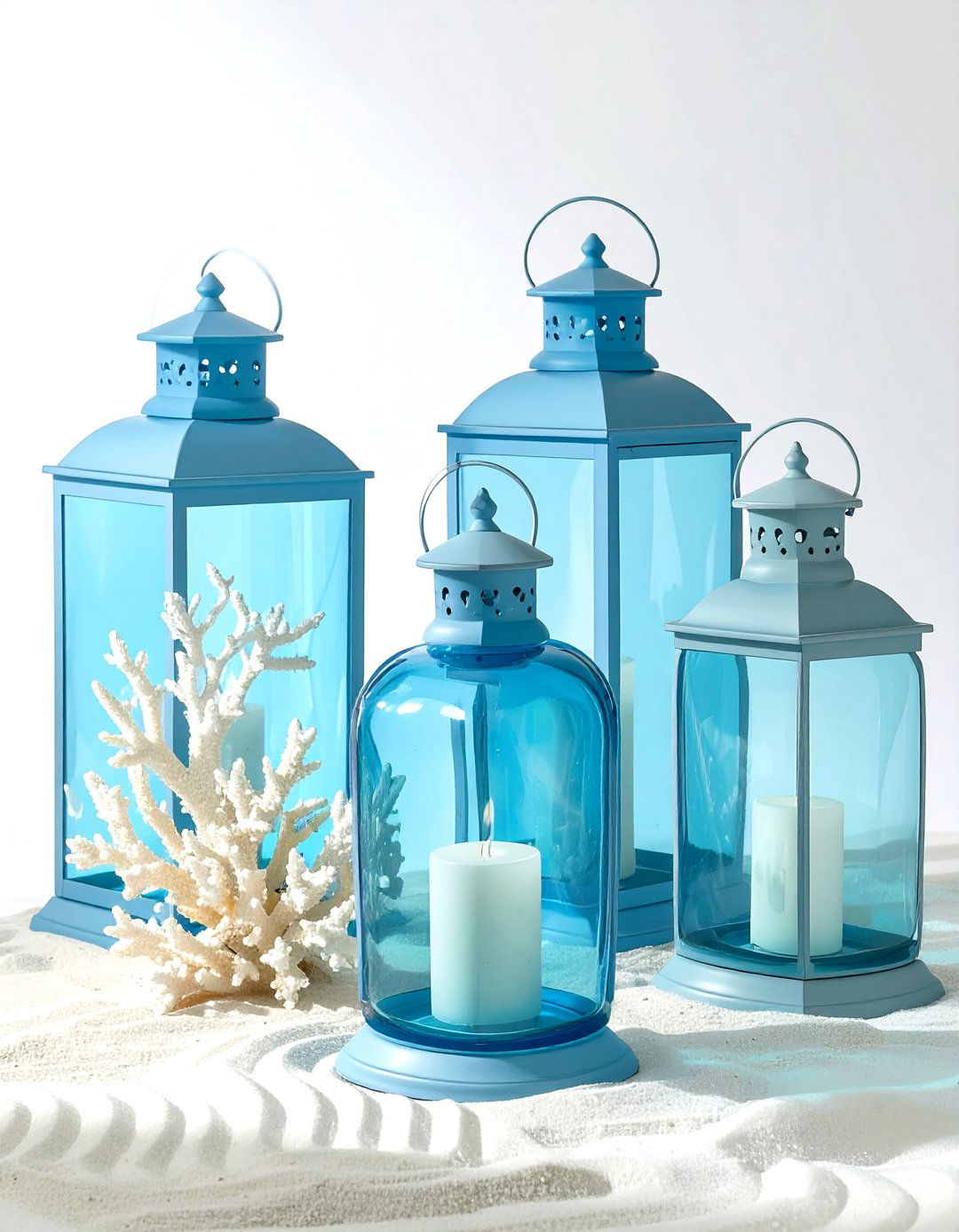Coastal Blue Glass Lanterns - 30 lantern centerpiece dining ideas